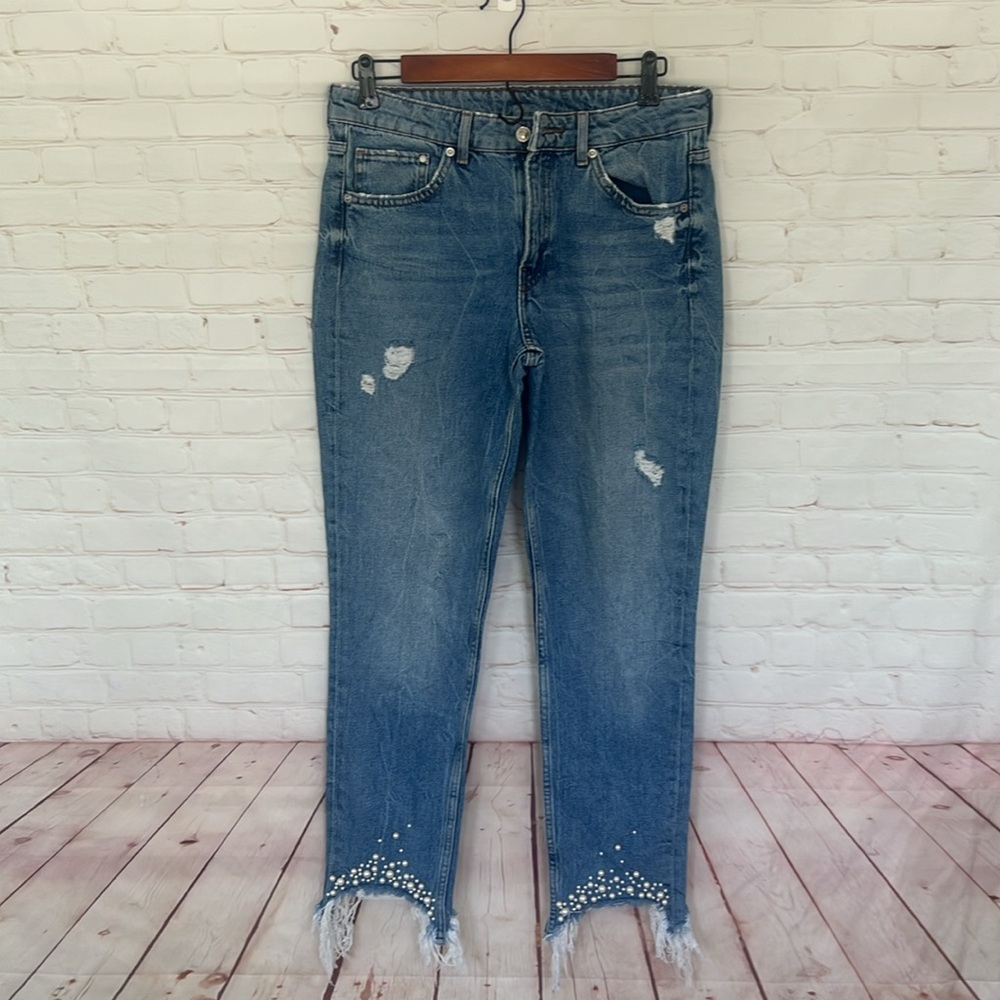DENIM& DENIM PEARL EMBELLISHMENT AT ANKLE Girlfriend fit distressed jeans SZ 29